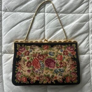 Vintage Petit Point Handmade Floral Tapestry Clutch with Gold Chain